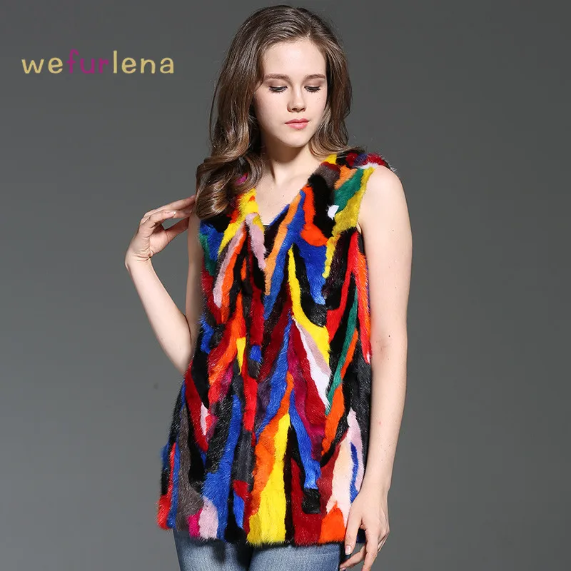 Женский жилет из натурального меха Welfurlena зимний яркий средней длины с