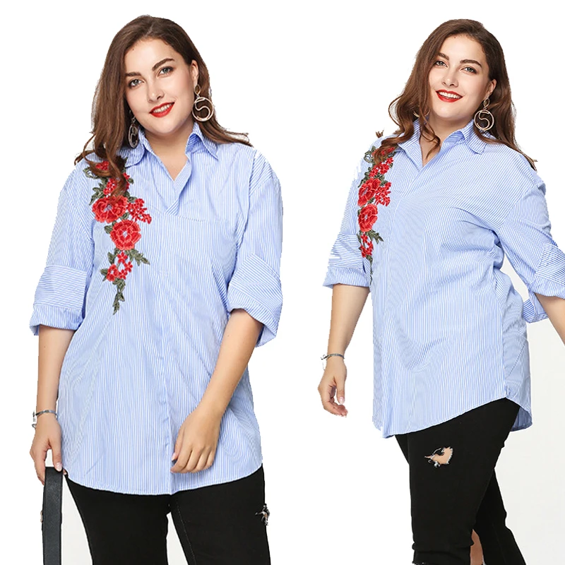 Ilishop Осенняя мода Цветочный принт Вышивка Блузка Половина рукава Рубашка с