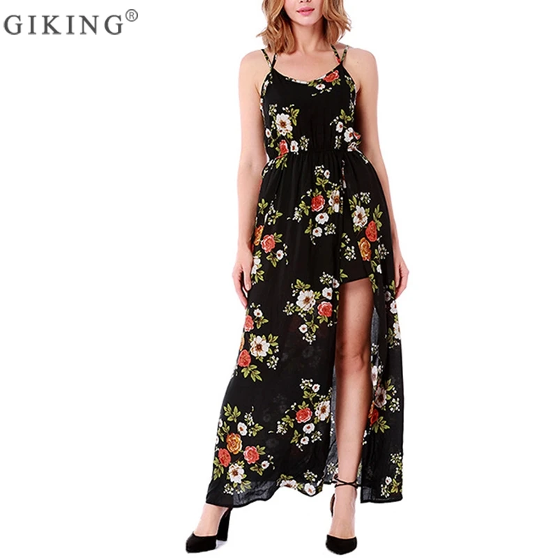 GIKING Women Floral Print Summer Dress High Split Fake 2 Pieces Sexy Shorts V-neck Maxi Party Boho Spaghetti Strap Vestido | Женская