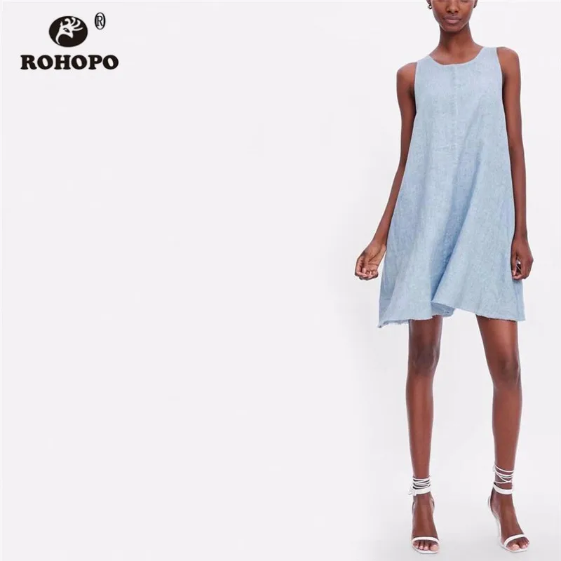 ROHOPO Sky Blue Linen Cotton Sleeveless Baggy Dress Summer Female Chic Trim Flared Mini Girl Breathable Dresses #AZ9254 | Женская одежда