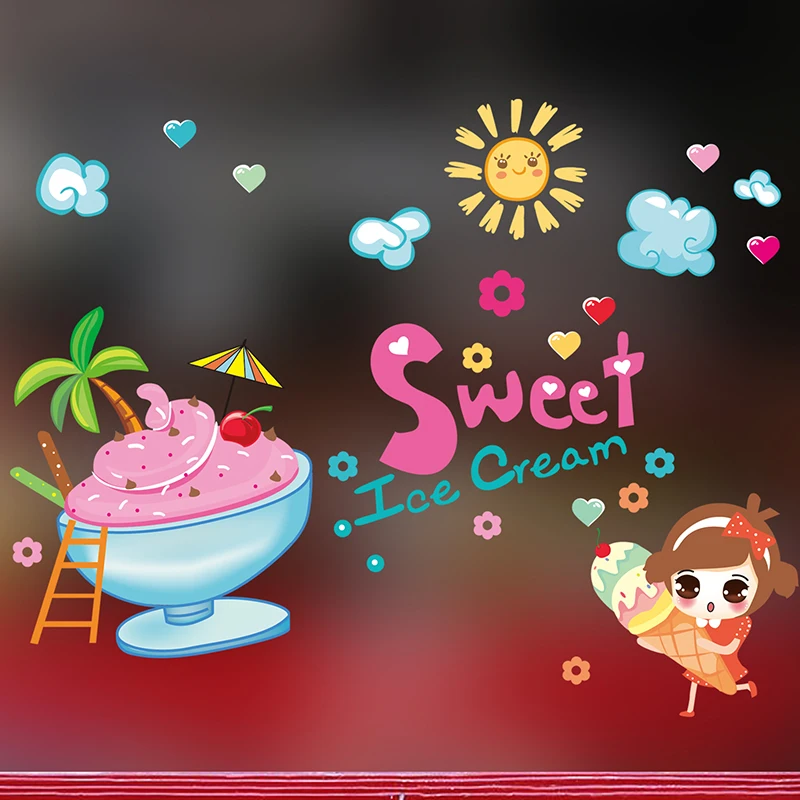 Sweet Ice Cream Wall Stickers Creative Small Girl Clouds DIY Decals for Kids Rooms Desserts Shop Glass Decoration | Дом и сад