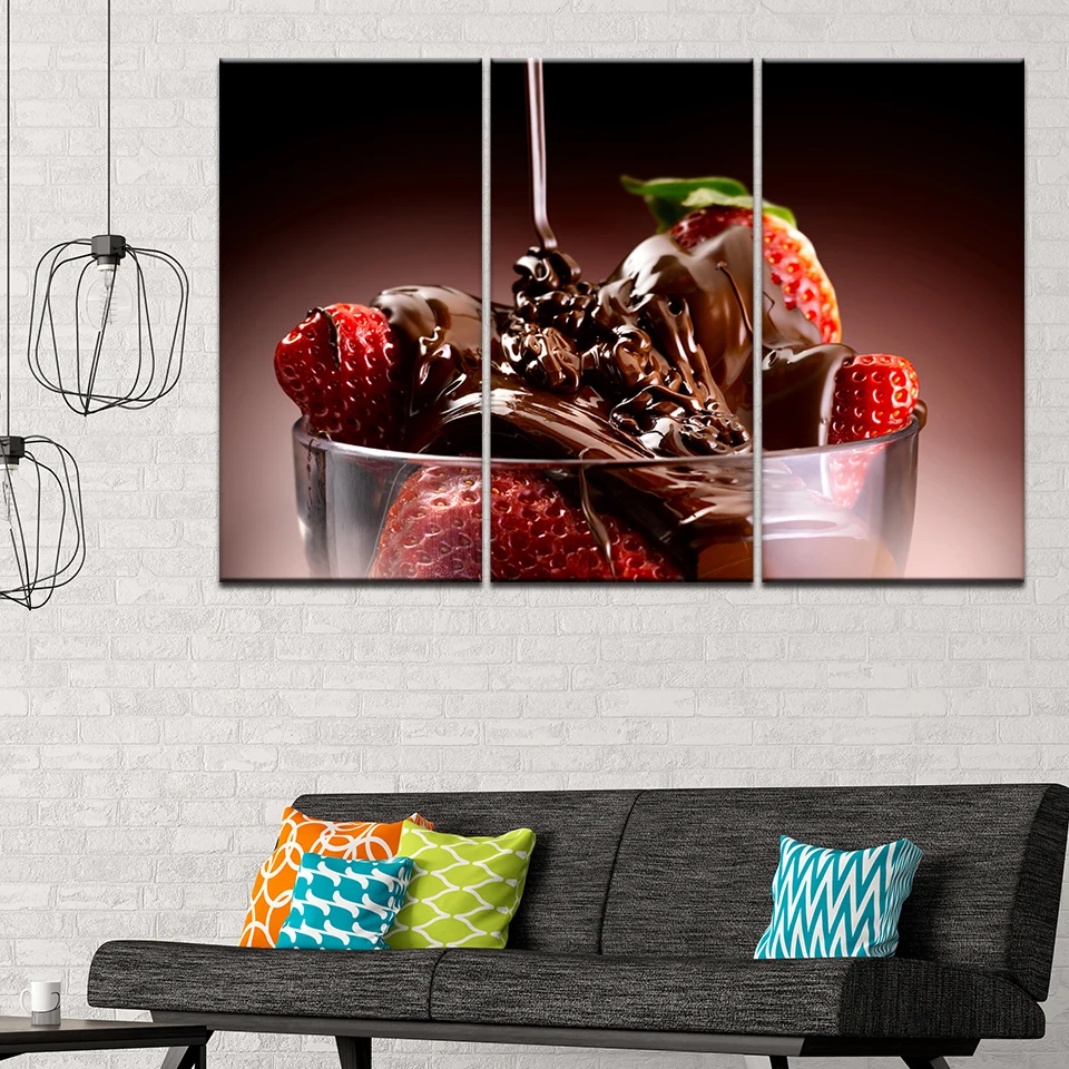 

3 Panel Chocolate Strawberry Paintings Canvas Wall Art Fruits Posters and Print Pictures for Living Room Modern Home Decor Frame