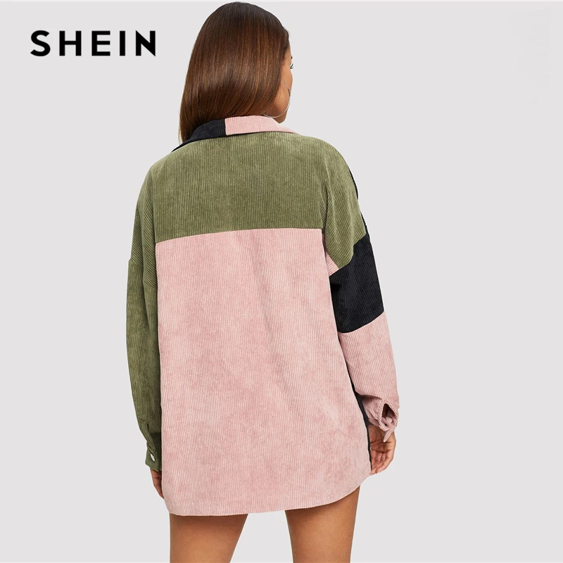 SHEIN, многоцветная Повседневная однобортная Вельветовая куртка с карманами спереди и цветными блоками, Осеннее Женское пальто для отдыха, верхняя одежда