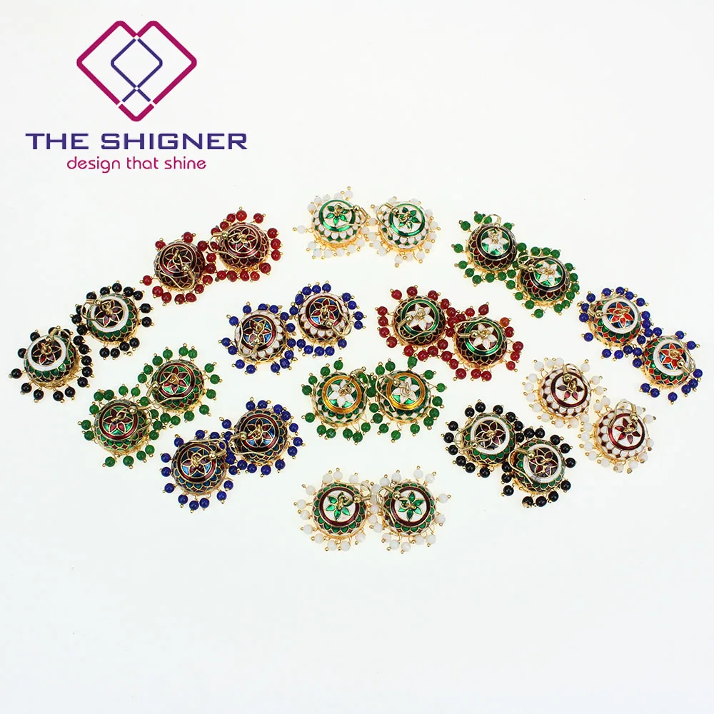 Классические индийские эмалированные сережки Meenakari золотого оттенка Jhumka Jhumki