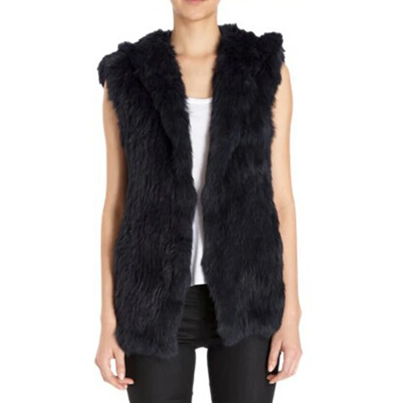 Autumn Winter Women's Genuine Real  Knitted Rabbit Fur Vest with Hoody Lady Waistcoat Female Gilet VF7003