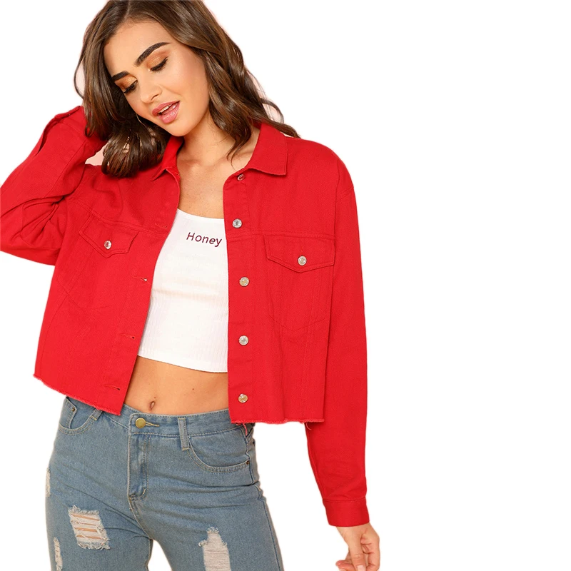 SHEIN Красная Укороченная Куртка На Пуговицах, Плотная Укороченная Рубашка, Демисезонная Куртка