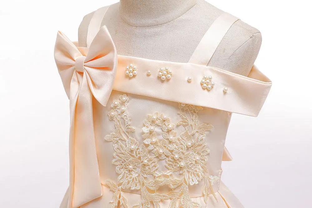 Elegant One word shoulder children's dress summer girl party princess big bow lace kids baby wedding flower clothes | Детская одежда
