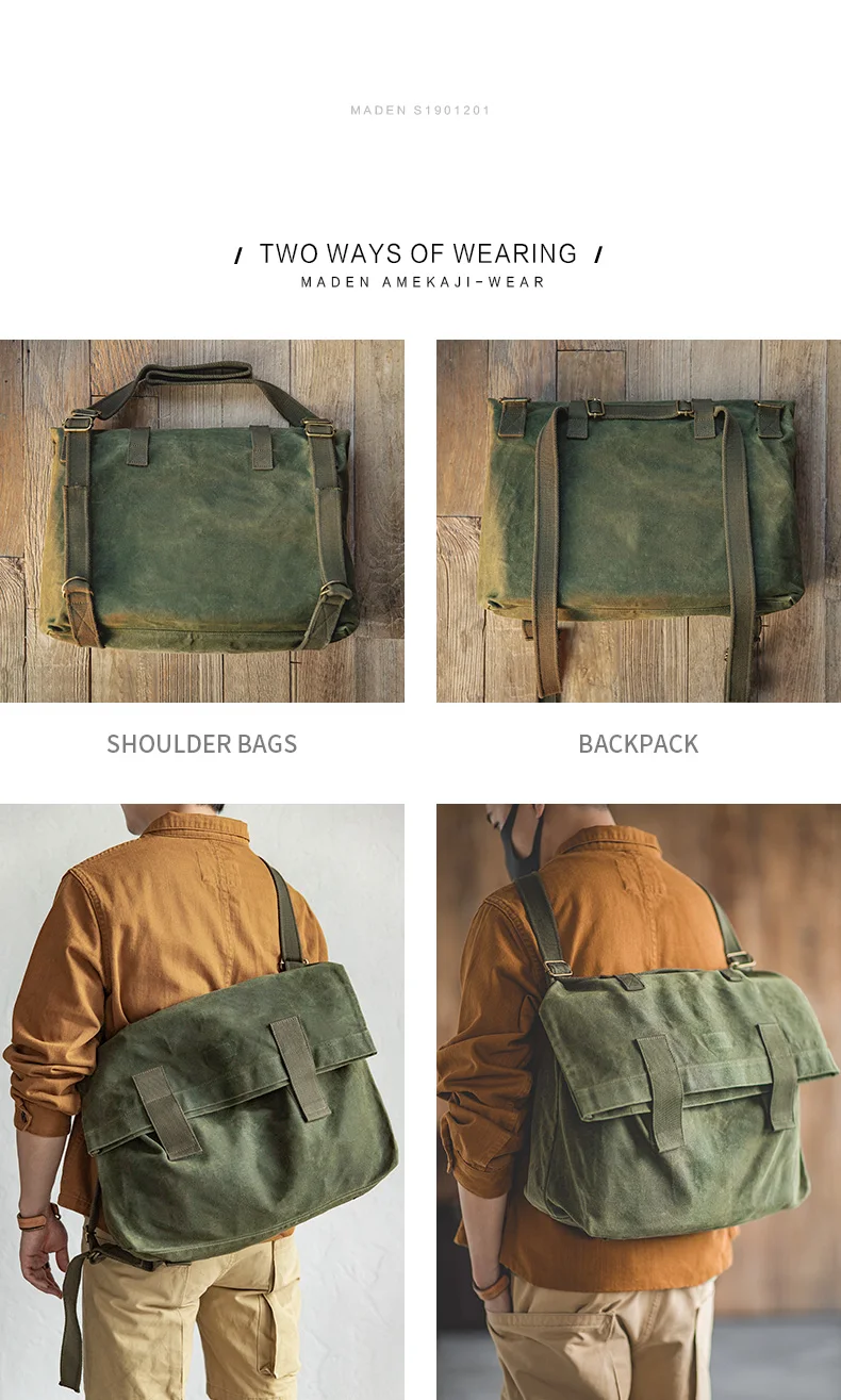 Maden Men’s Waxed Canvas Messenger Bag Crossbody Shoulder Bag Water Resistant Grey Green