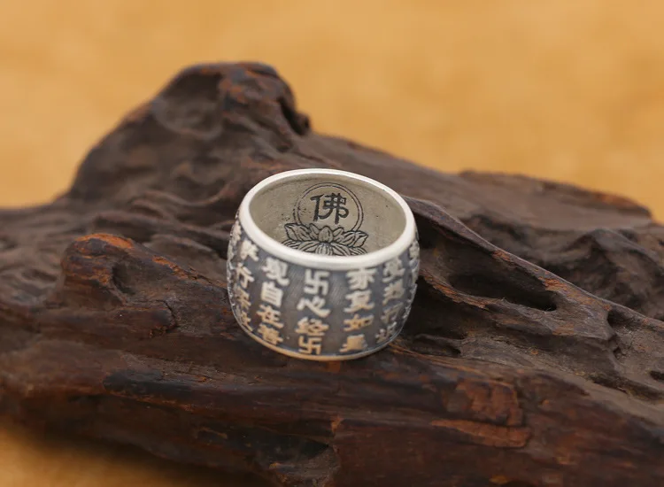 New Buddhist Heart Sutra Ring Real S999 Sterling Silver for Men Women Buddha Ring Vintage jewelry Arrival Thai silver ring