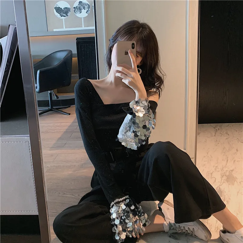 Асимметричные черные женские комплекты с открытыми плечами расшитые блестками в