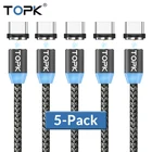 TOPK 5-Pack R-Line1 светодиодный магнитный кабель USB Type C нейлоновый плетеный кабель для зарядного устройства Type-C для Samsung S9 S8 Plus USB C