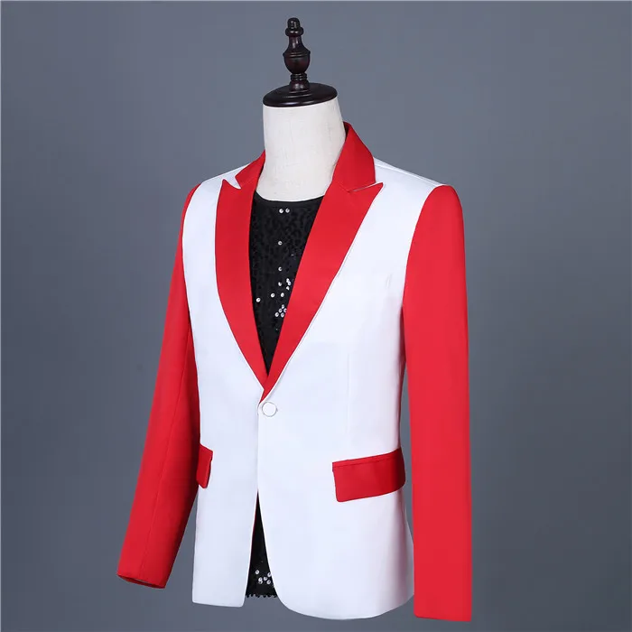 Red-White Stitching Blazers Set One Button Slim Fit Tuxedo Suit Men's Wedding Groomsmen Dress Singer Group Performance Costumes