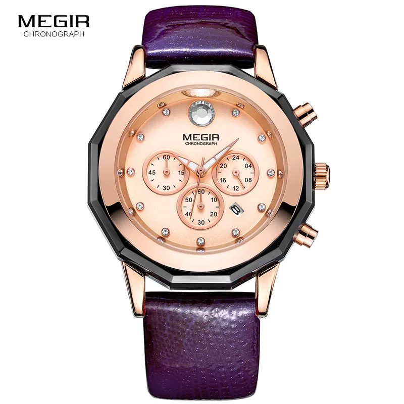 Женские кварцевые наручные часы с хронографом фиолетовые кожаным ремешком 24