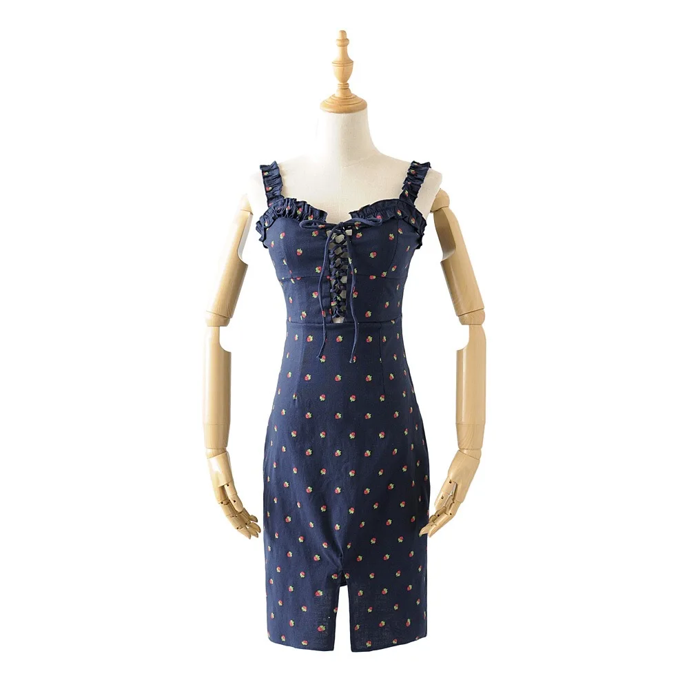 2019 Новый шнуровкой розовый с принтом клубники летнее платье пикантные Для женщин