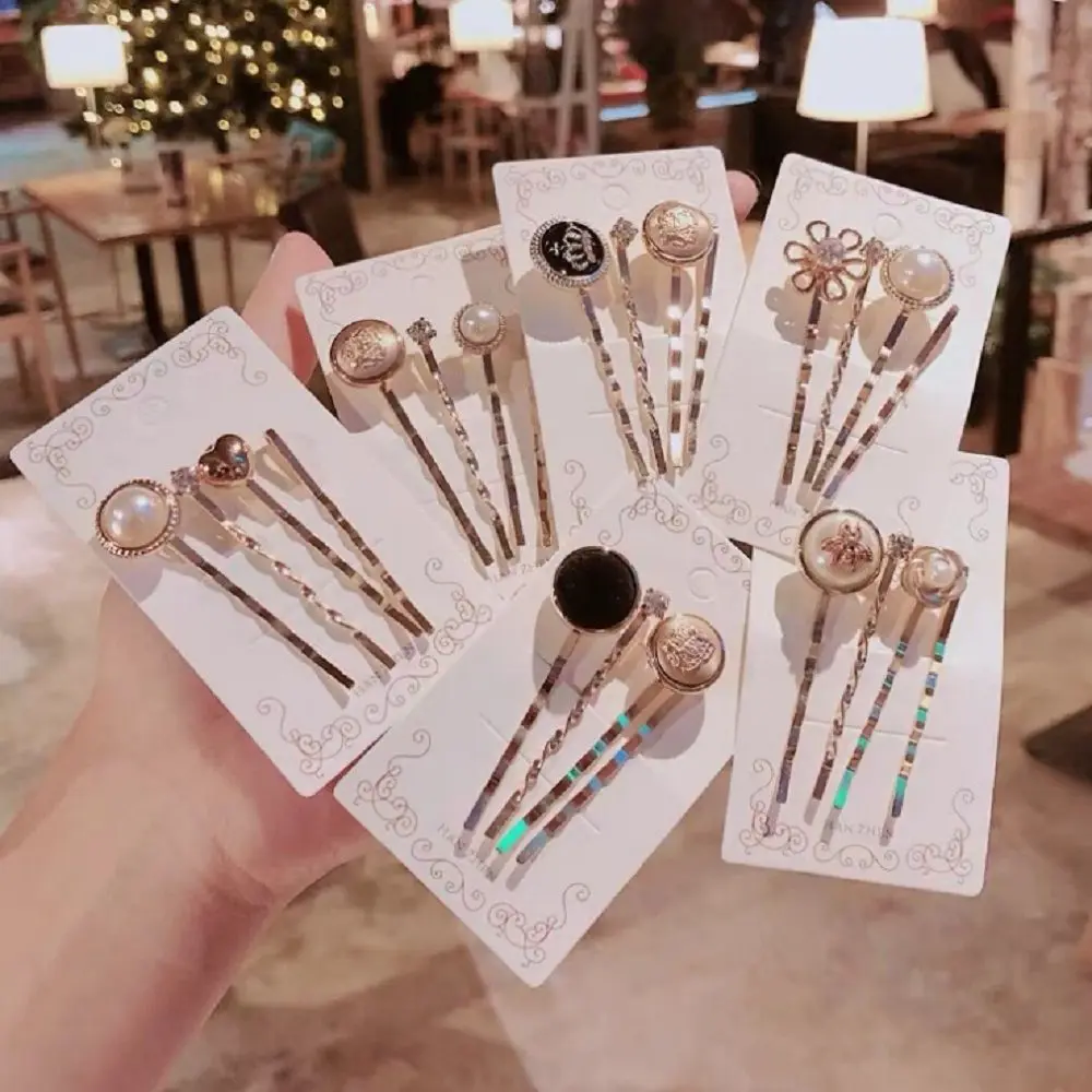 

4PCS Korea Women Vintage Imitiation Pearl Hairpins Flower Heart Shape Hair Clips Metal Gold Color Crystal Hair Accessories