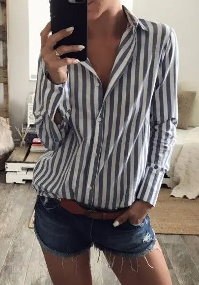 Striped loose long sleeves lapel shirt Shirts Lady 2017 Spring New Fashion new Blouse Women Long Sleeve Tops |