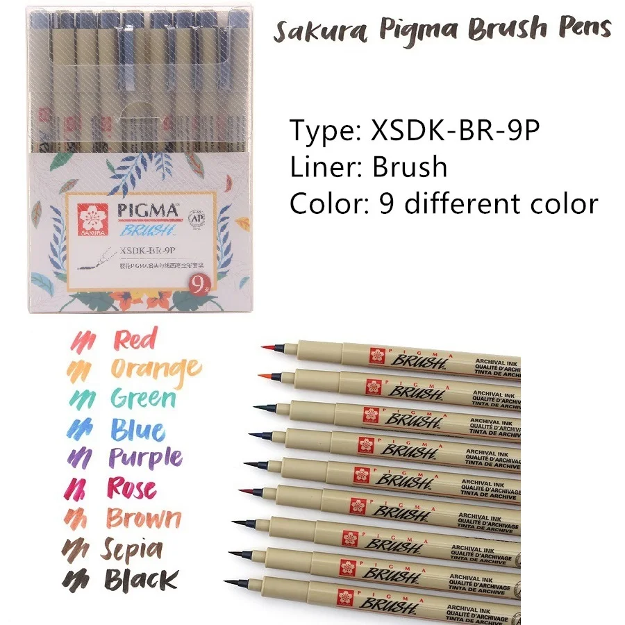 9 цветов Сакура Цвет рисунок пером extra fine 0.25 мм 0.45 Кисточки для эскиза Manga живопись