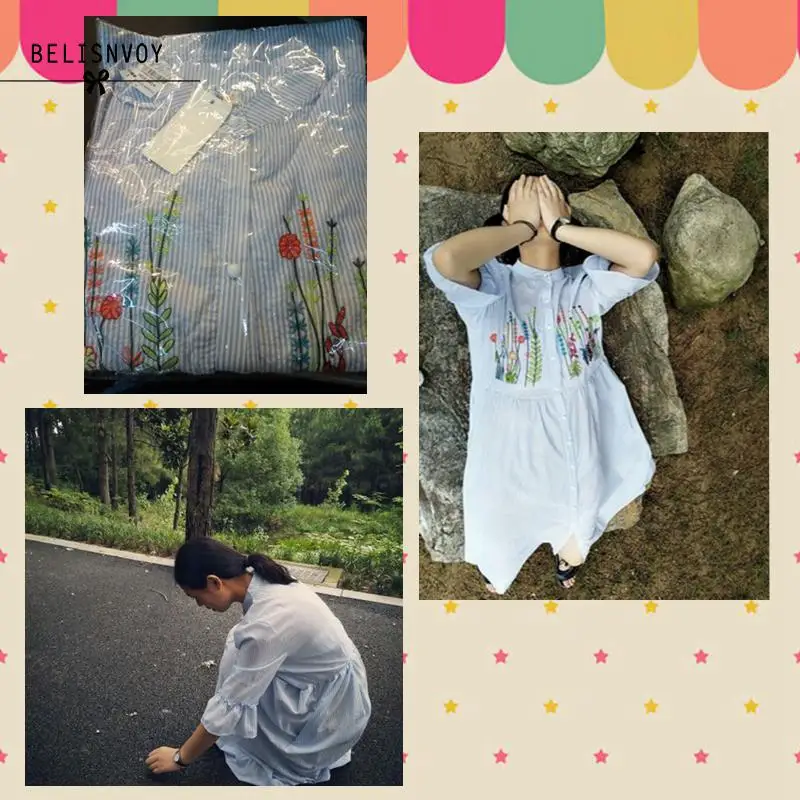 Платье женское в полоску с цветочной вышивкой длинное винтажное