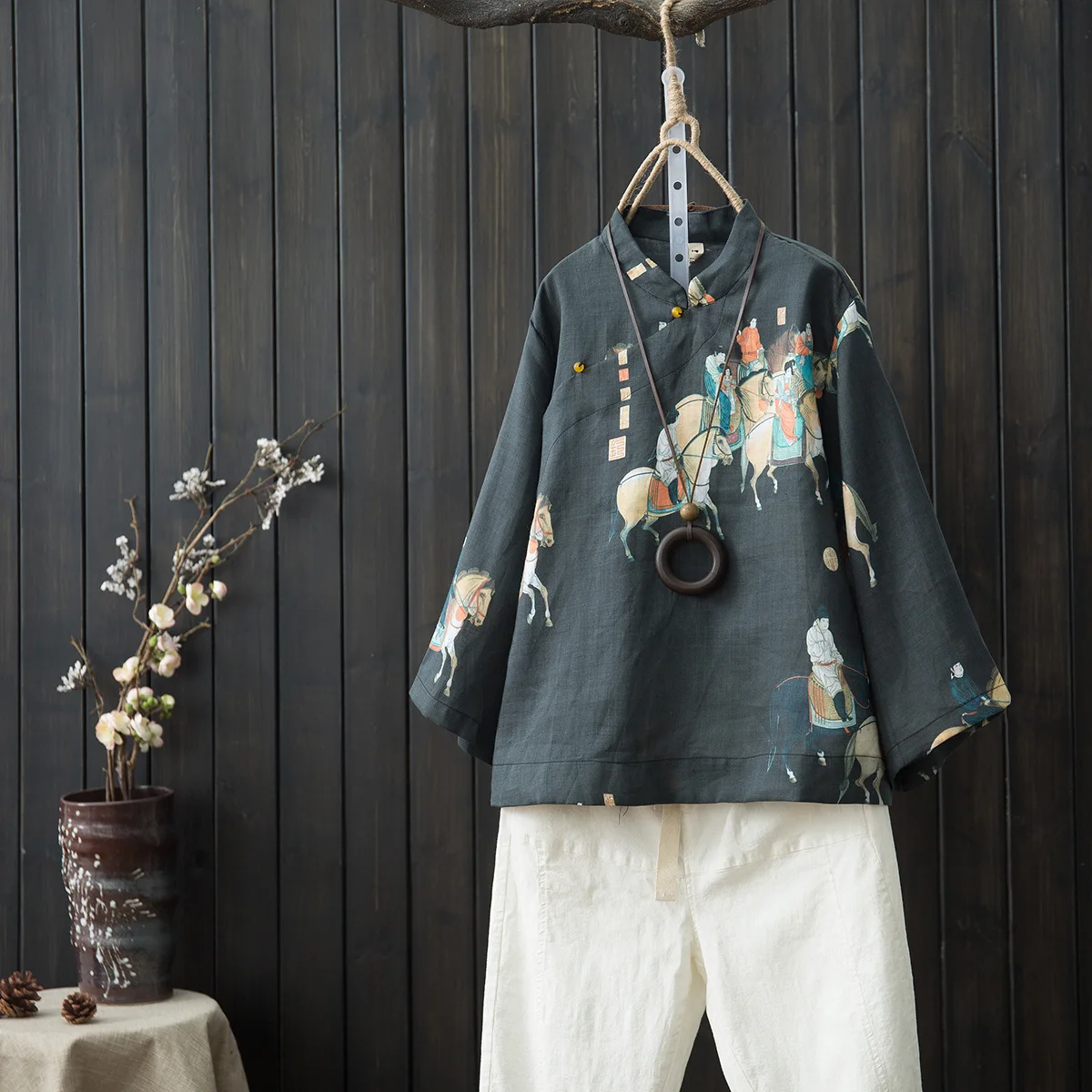 Рубашка в стиле ретро с рукавом стойкой и цифровой печатью|Топы| |