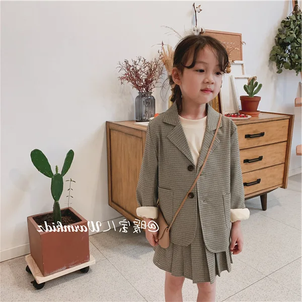 2pcs Kids Suits for Girls Kids Blazers Jackets+plaid Skirts Kids Girls Outerwear Jackets Set Girl Set Clothes Blazers Coat