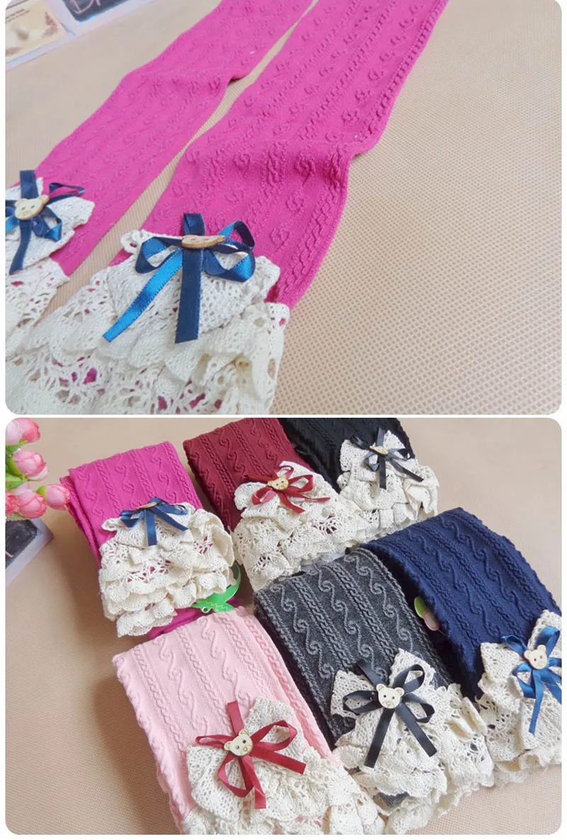 Зимние леггинсы для маленьких девочек модные детские с бантиком и кружевом