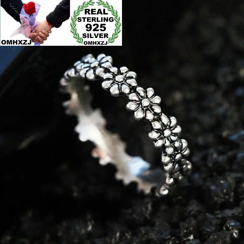 

OMHXZJ Wholesale European Fashion Woman Girl Party Wedding Gift Silver Black Flower Taiyin Ring RR341