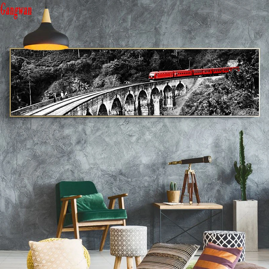

full square round diamond embroidery Retro Red Train Landscape painting diy 5d mosaic picture hobby big size black white art