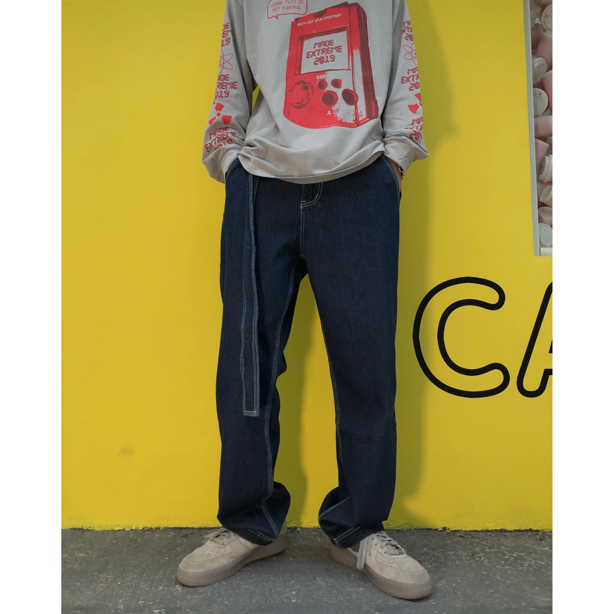 Мужской ремень в стиле хип-хоп уличные свободные прямые цилиндрические джинсы