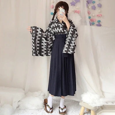 top black long dress Женское японское кимоно юката ветер печати цветок перо переплетение комплекты кимоно плиссированная юбка японское кимоно традиционная одежда 2 шт - Цвет: top black long dress