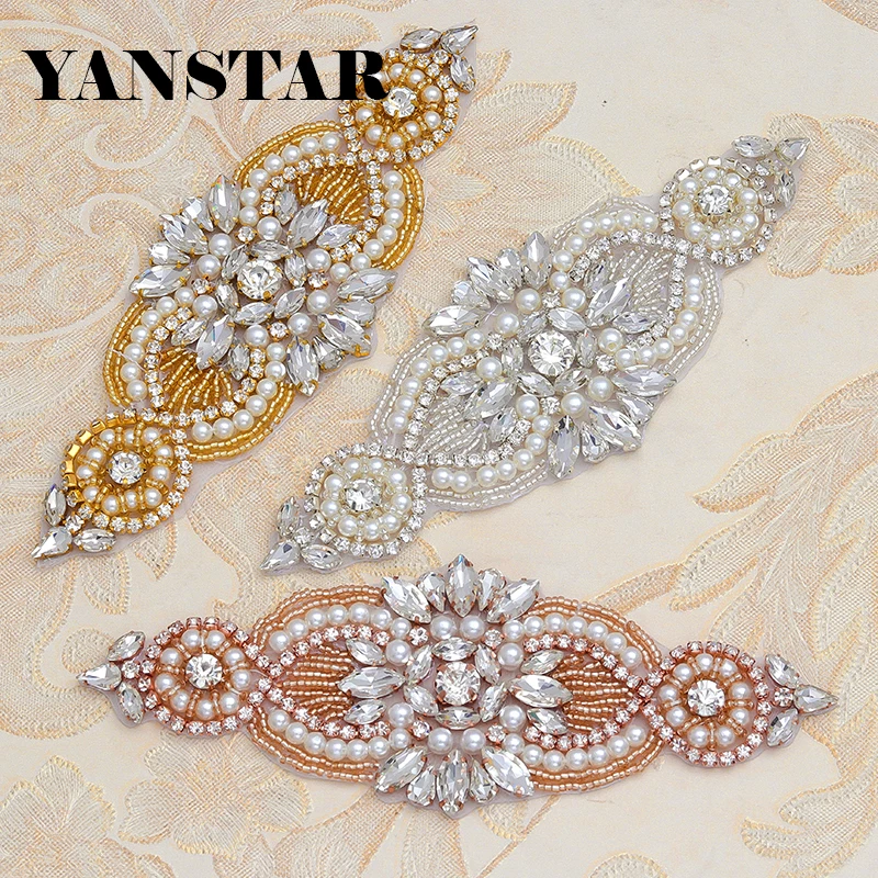 

YANSTAR 2PCS Handmade Plus Size 16.5* 5CM Beads Rhinestones Appliques Accessory Sewing On For Wedding Dresses Dress Belt YS845