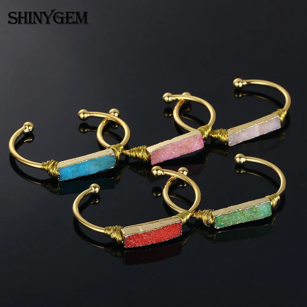 ShinyGem натуральный драгоценный камень Друза Открытый Браслет-манжета винтажная квадратная форма Очаровательный Хрустальный Браслет Ручной Работы Золотая проволока браслеты для женщин