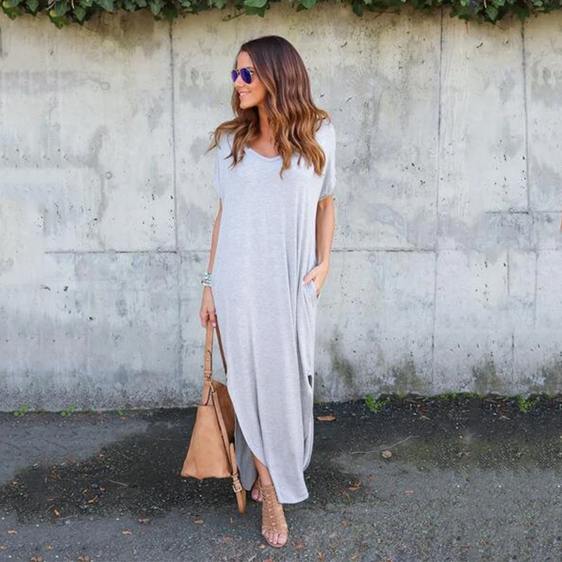 Для женщин Повседневное свободные карман v-образным вырезом длинное платье