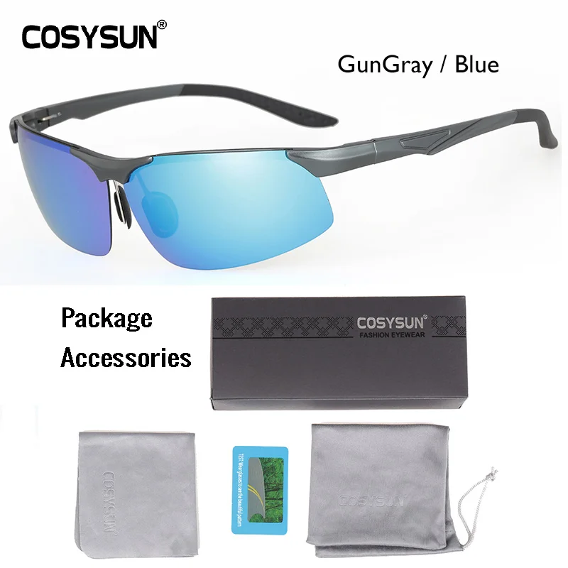 BlueMirror BriefPKG COSYSUN, Брендовые мужские солнцезащитные очки, мужские поляризованные солнцезащитные очки, без оправы, алюминиевый сплав, зеркальные линзы, солнцезащитные очки для вождения, Oculos de sol CS0511 - Цвет линз: BlueMirror BriefPKG