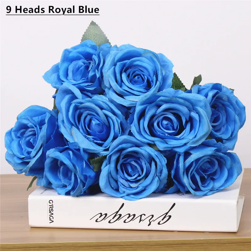 9 heads royal blue Дешевые 7/9/10 глав один пучок искусственный букет роз Шелковый декоративный цветок Свадебная вечеринка Рождественский Декор цветок материалы искусственные цветы тычинки цветов декор дома - Цвет: 9 heads royal blue
