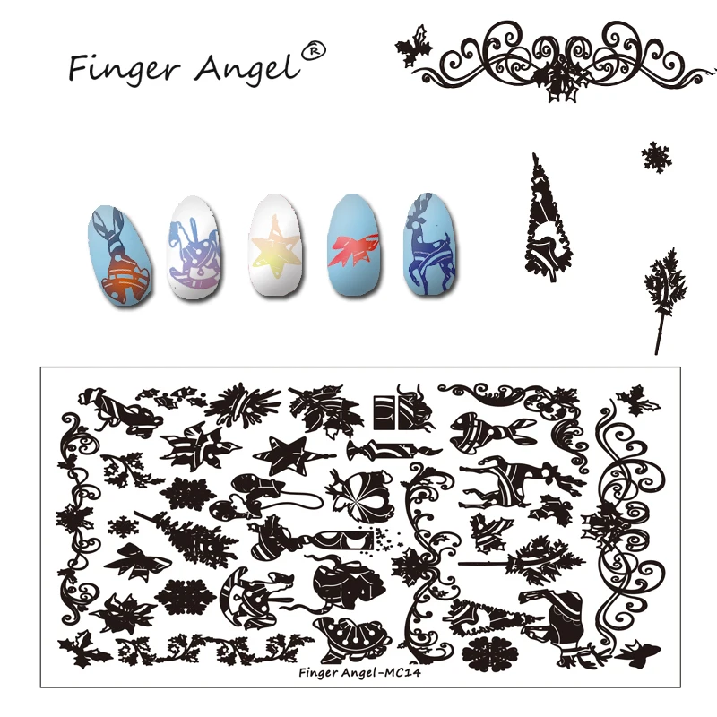 Finger Angel 1 шт. рождественские пластины для штамповки ногтей изображение штамп уникальный мультфильм Лось Снежинка 6*12 см DIY ногтей шаблон пластины