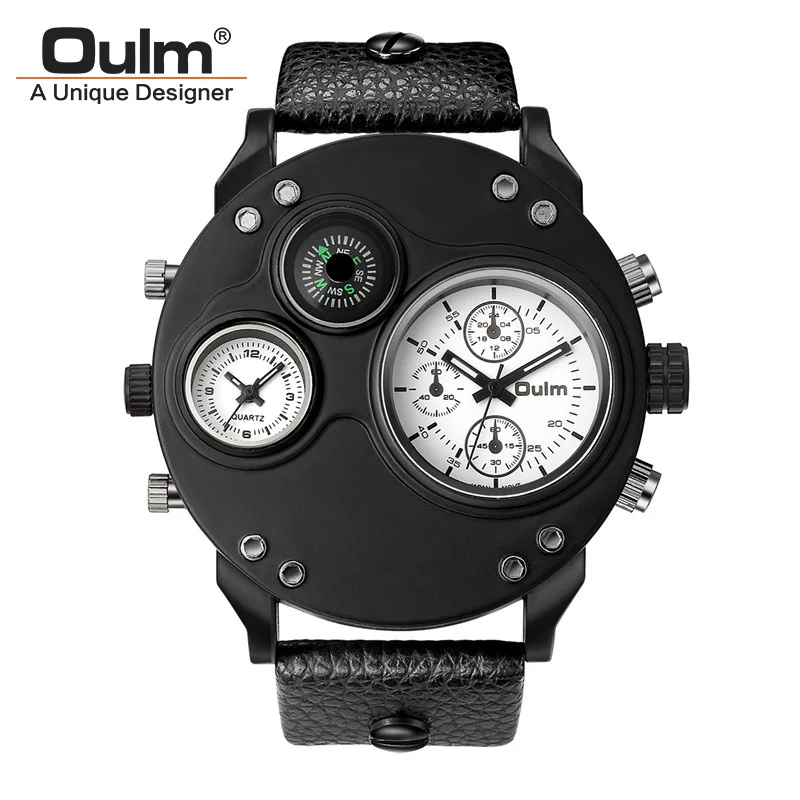 C1 Oulm Модные мужские часы черные кожаные Наручные часы с двумя часовыми поясами Мужские кварцевые роскошные военные часы большого размера Прямая поставка - Цвет: C1