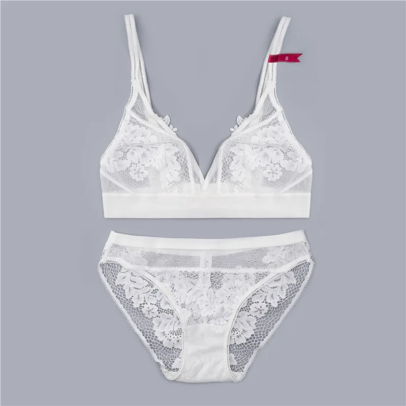 Женский кружевной комплект нижнего белья ультратонкий с цветочной вышивкой