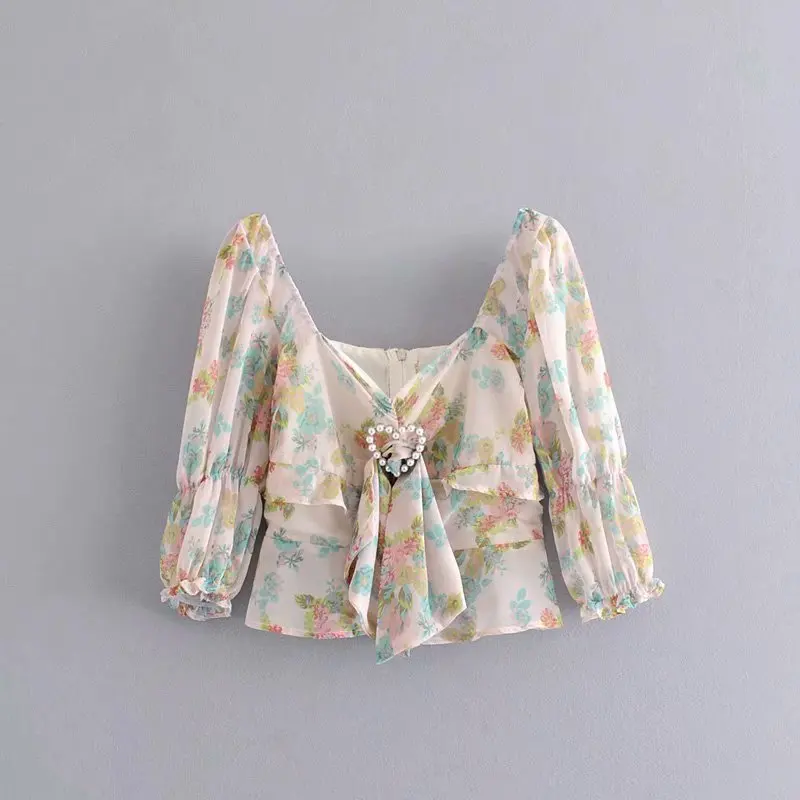Женская блузка с оборками JuneLove винтажная цветочным принтом и квадратным