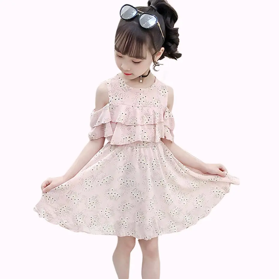 Летние платья для девочек с открытыми плечами Vetement детское платье цветочным