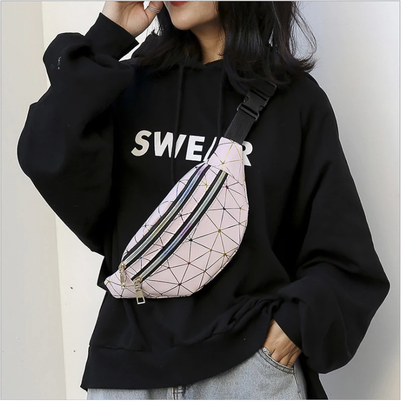 

AIREEBAY holographic waist bags women silver Pink Fanny Pack woman belt geometric bag black waist laser chest phone bag