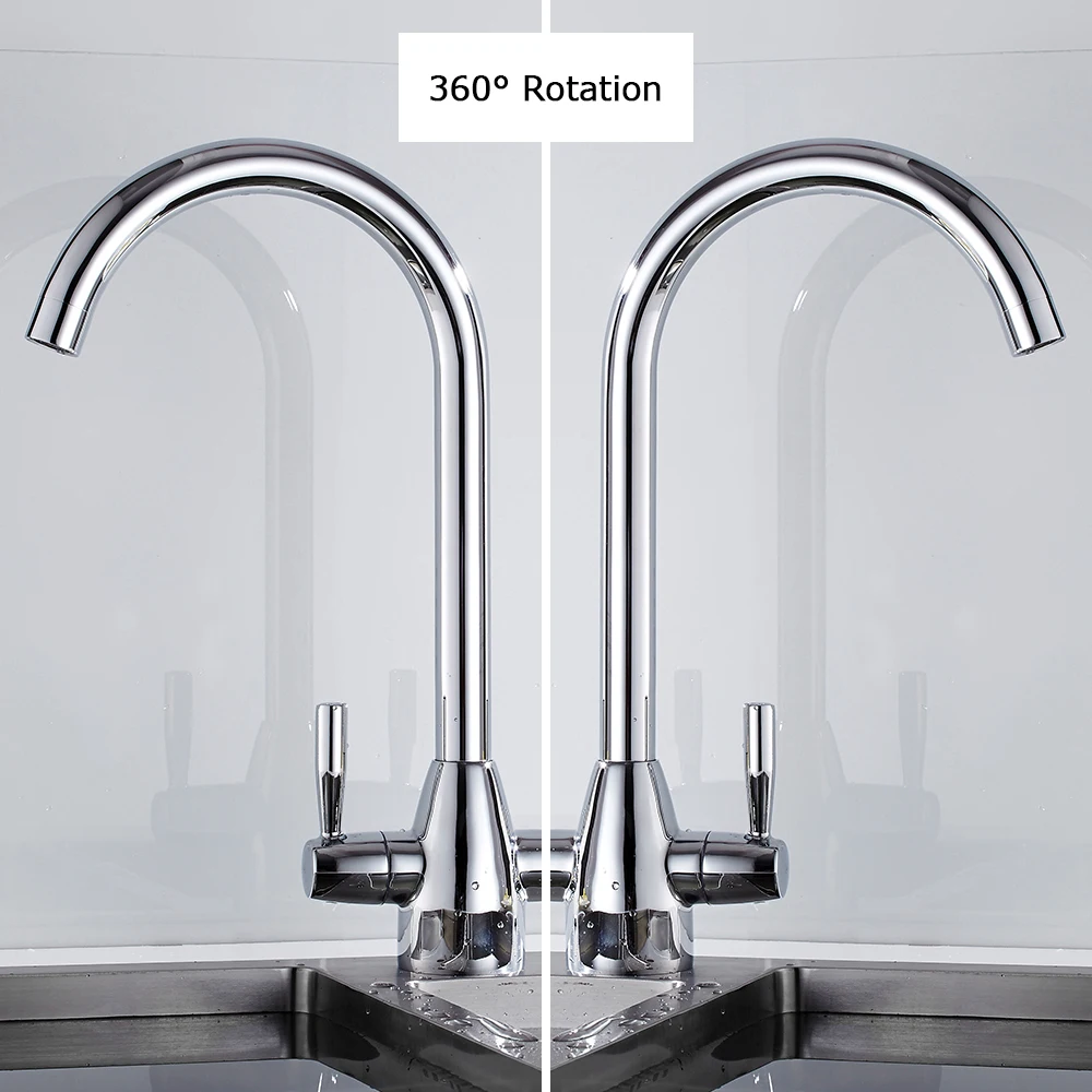 Contemporary Kitchen Faucet Cold and Hot Water Chrome Kitchen Tap 360 Degree RotateTwo Handles Swivel Spout Sink Mixer Tap
