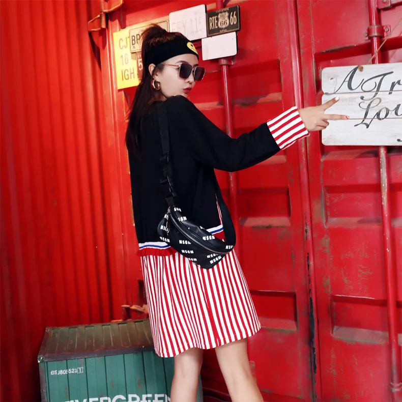 Autumn New Design Cartoon Sequins Long Sleeve Tees High Street Faux 2pcs Stripe Pullovers Big Size Casual Above Knee Dress | Женская