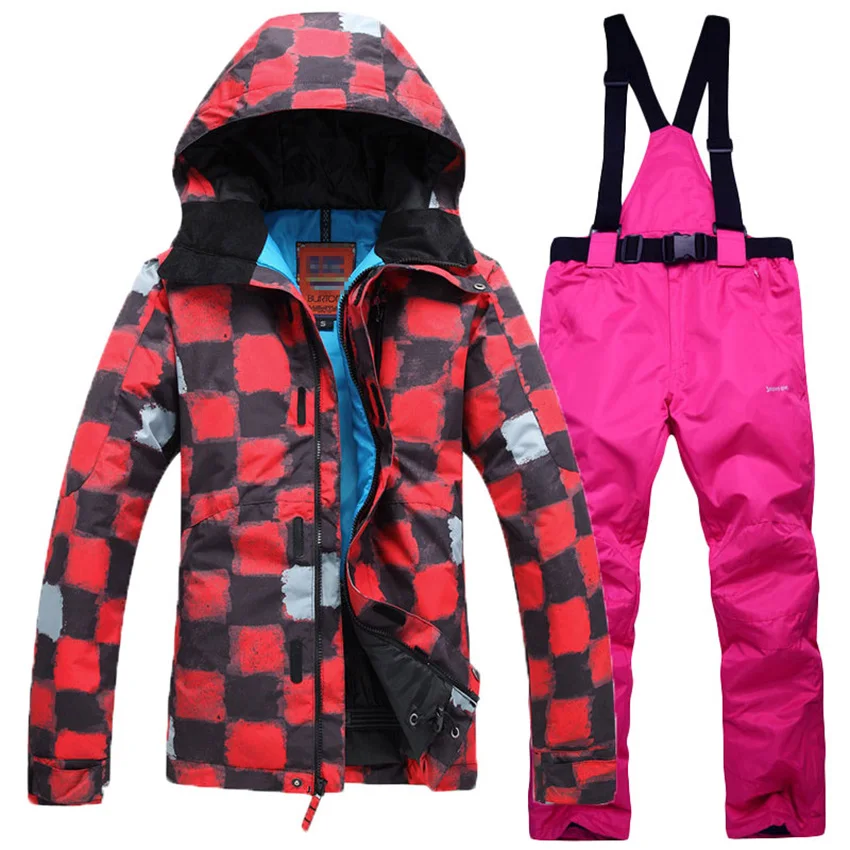 

Free Shipping Womens Ski Set Red Plaid Jacket And Bib Pants Waterproof Windproof Breathable Snowboard Skiing Sets Snow Wear Suit