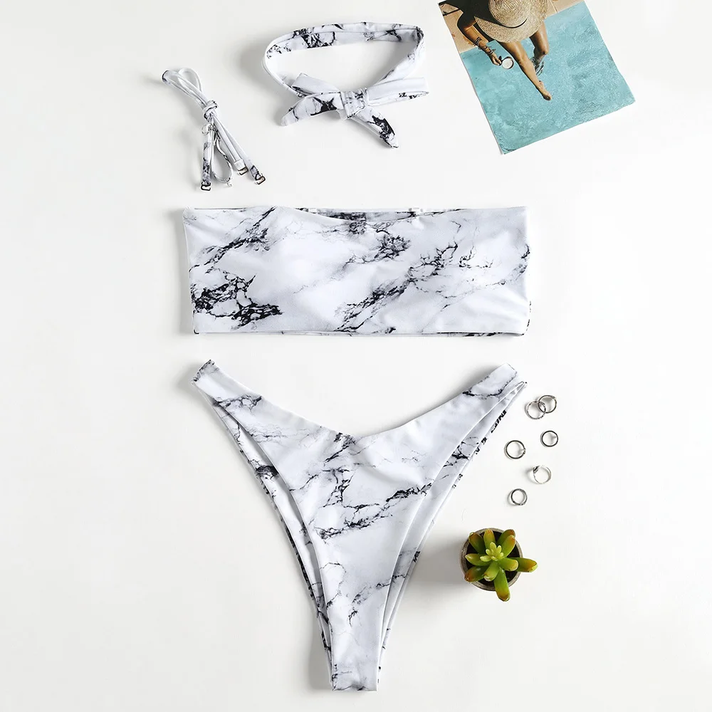 ZAFUL 2019 мраморный чокер купальники бикини набор женщин высокая нога купальник
