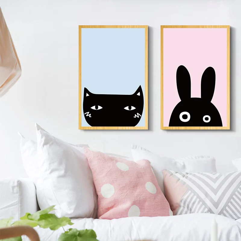 Мультфильм Медведь кролики кошка животные Северный плакат стены искусства холст