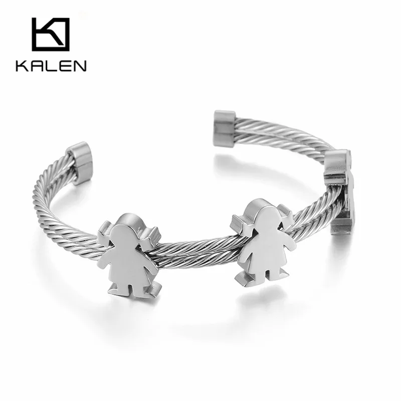 KALEN, нержавеющая сталь, Италия, золотые браслеты-манжеты для женщин, три мультяшных шарма для девочек и мальчиков, браслет, ювелирное изделие, два звеньев, браслеты - Окраска металла: 3 silver girls cuff