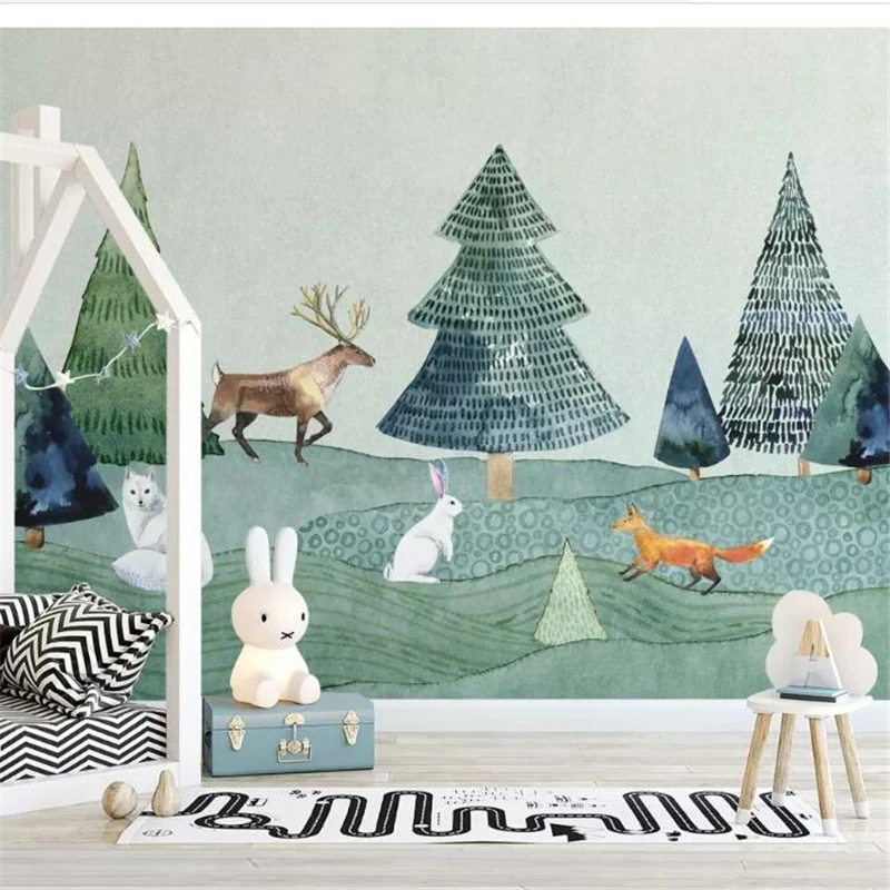 Wellyu-papel tapiz personalizado para habitación de niños, tapiz minimalista nórdico, pintado a mano, alce, bosque, animal, papel de pared