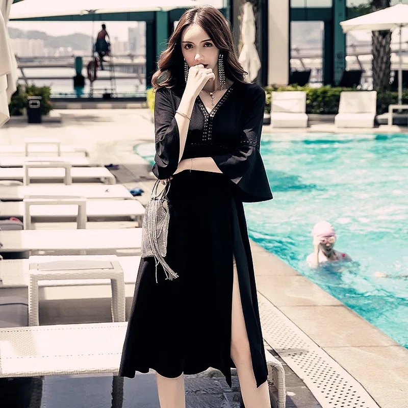 

Women Solid A-line Dress Summer Black Three Quarter Flare Sleeve V-neck Mid-calf Casual Beach Dress Elegant Korean Party Dresses