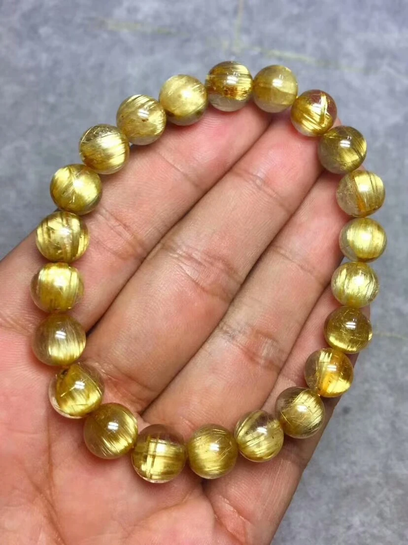 100% из натуральной золото Rutilated титановый кварц браслет 9 мм круглый шарик