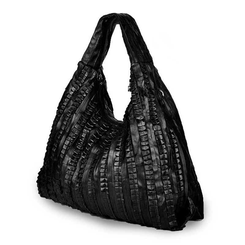 Роскошные женские повседневные сумки из овечьей кожи с рюшами черные